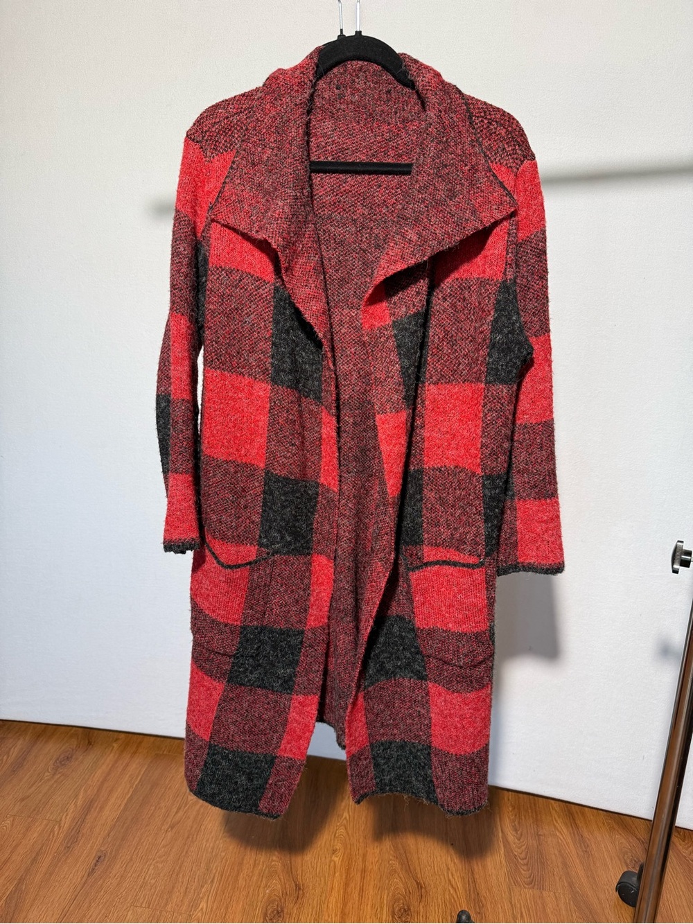 Open-Front Red & Black Buffalo Plaid Sweater Cardigan